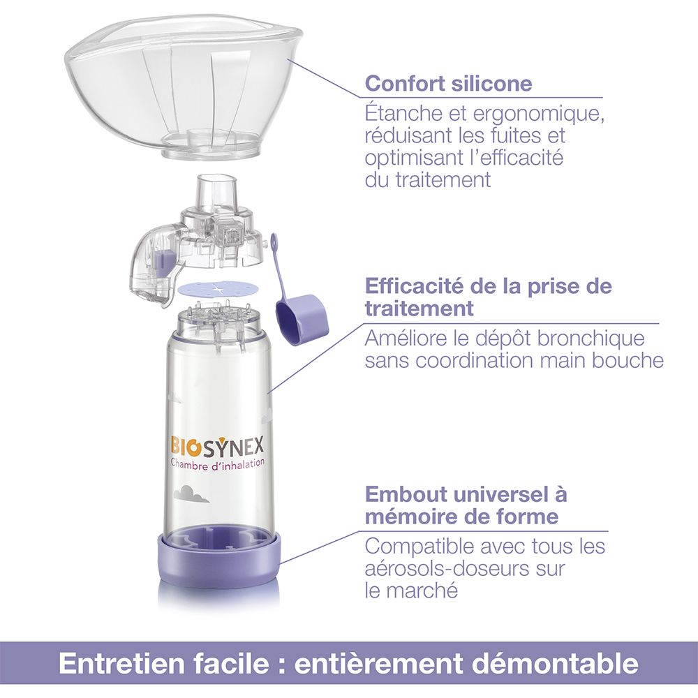Vue éclatée de la chambre d'inhalation Biosynex avec masque détachable et valve.