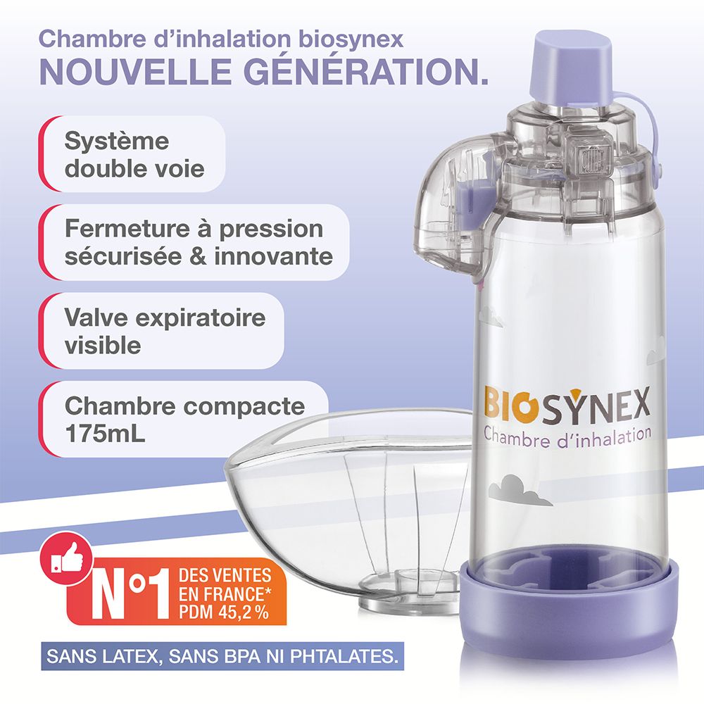 Chambre d'inhalation Biosynex : 175ml, système double paroi, fermeture sécurisée, valve expiratoire visible.