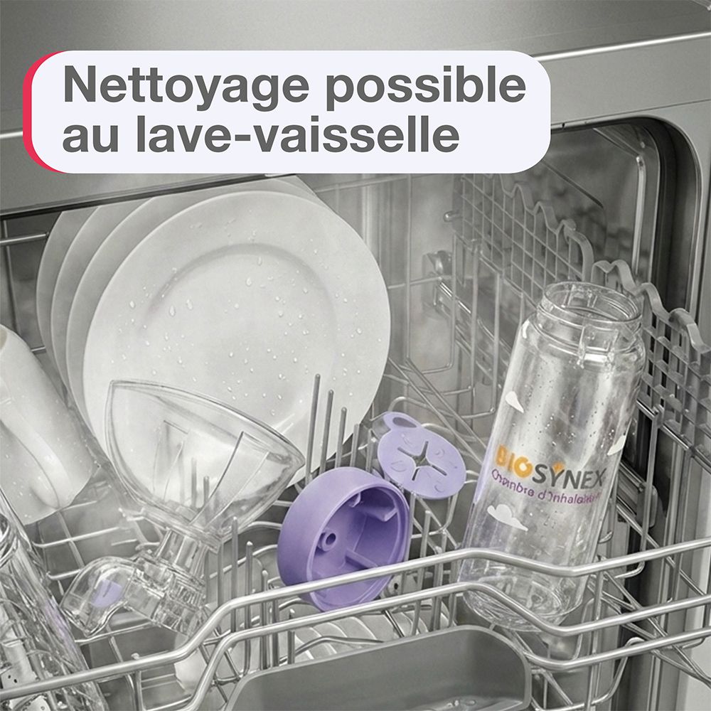 Chambre d'inhalation et masque Biosynex nettoyés dans un lave-vaisselle.