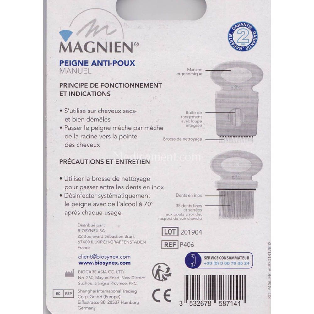 Dos de l'emballage avec informations sur le produit et illustrations du peigne.