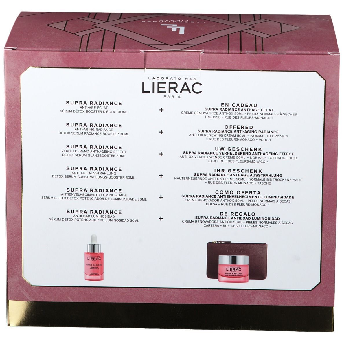 Dos du coffret cadeau avec informations sur les produits et liste des articles inclus. Textes multilingues.