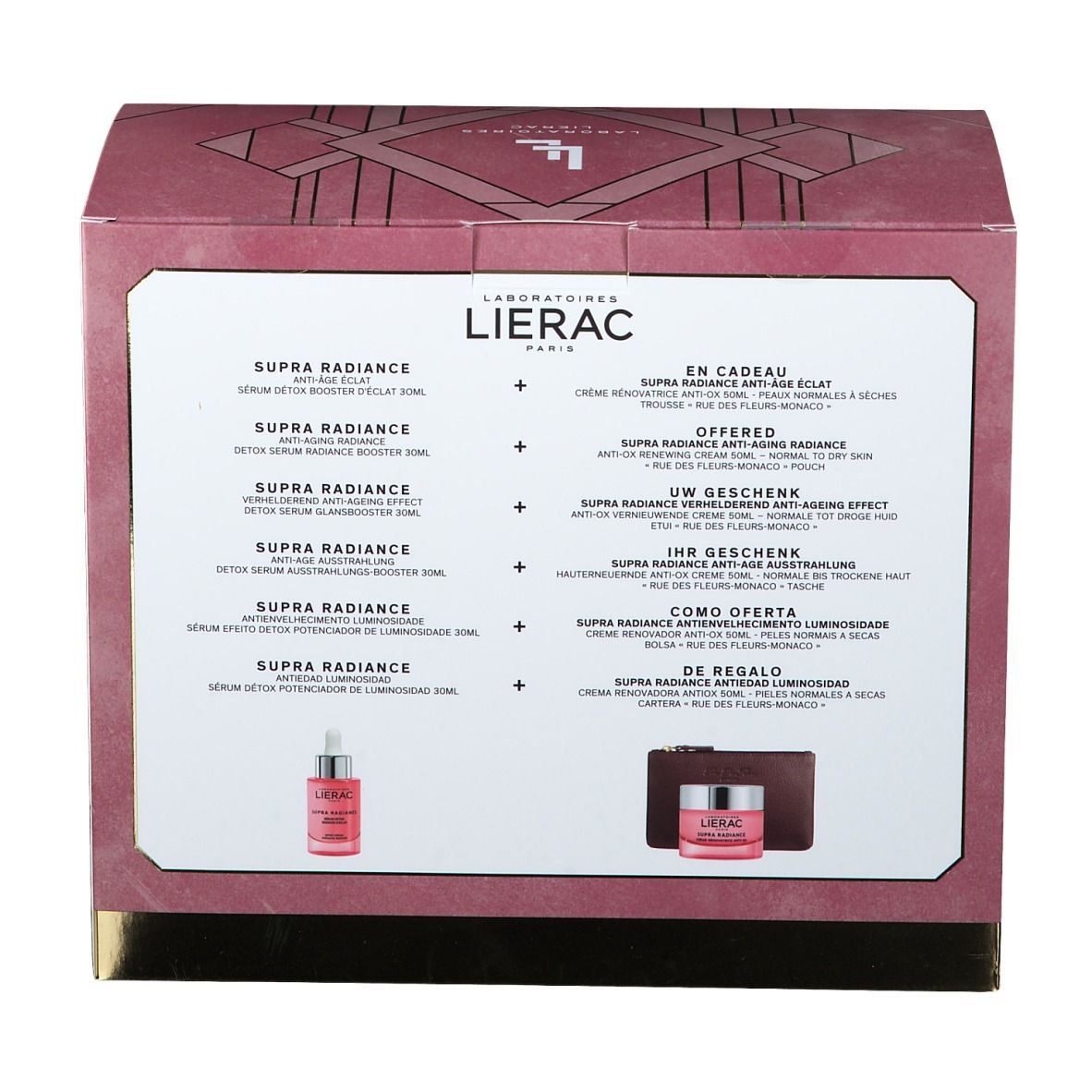 Dos du coffret cadeau avec informations sur les produits et liste des articles inclus. Textes multilingues.