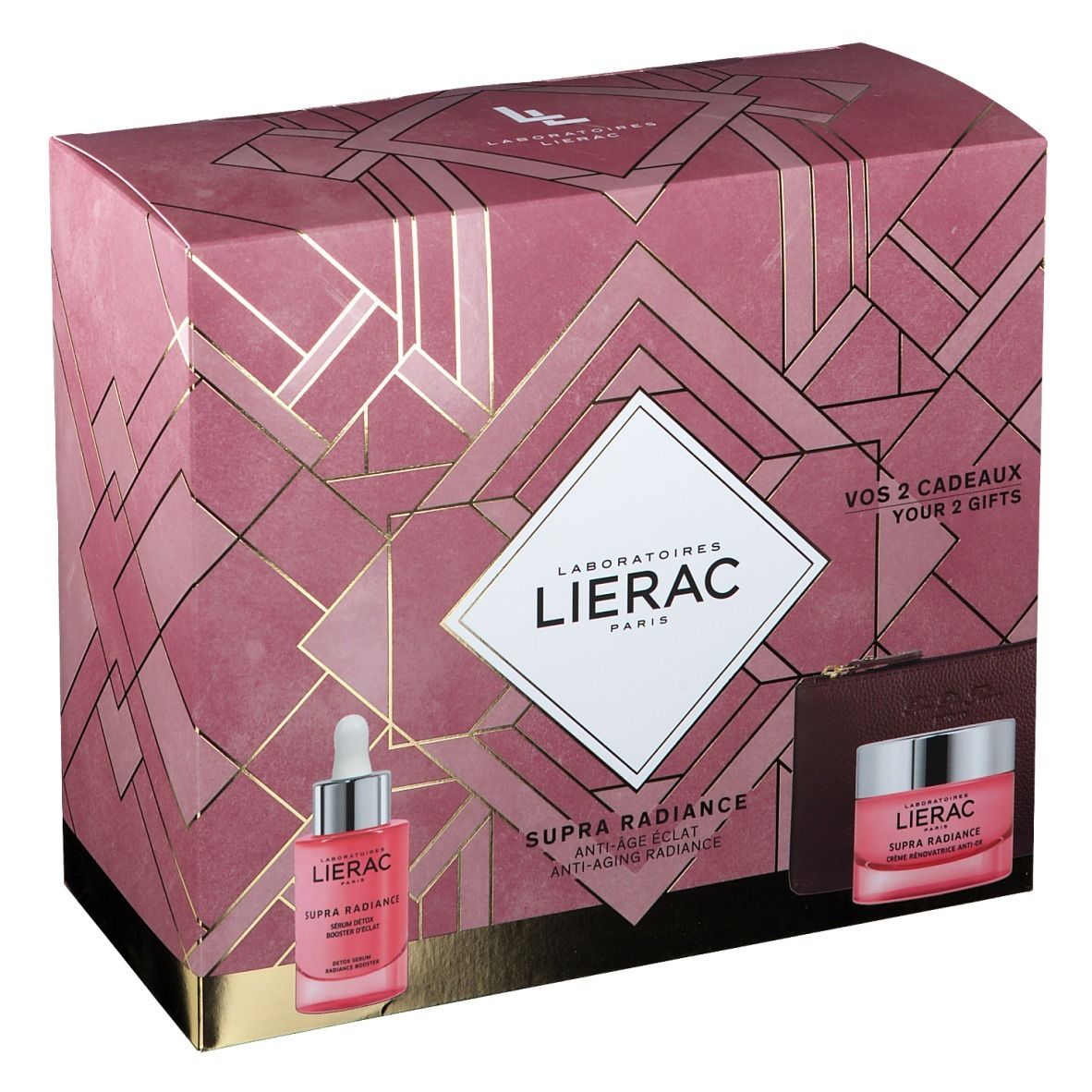 Coffret cadeau avec sérum, crème et trousse. Emballage rose avec logo et noms de produits. Textes visibles.