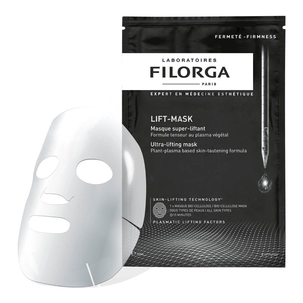 Sachet noir avec LIFT-MASK et FILORGA. Masque partiellement visible. Texte: « Fermeté-Firmness » et « Expert en médecine esthétique ».