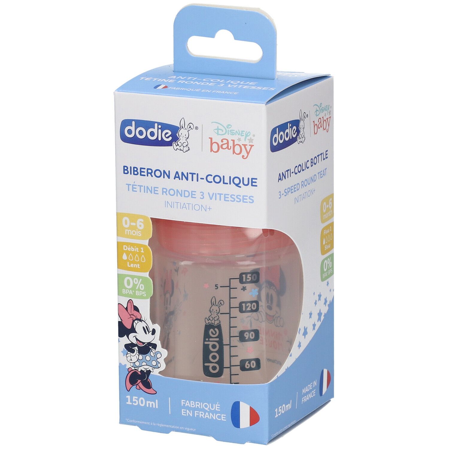 dodie® Biberon Initiation+ 150 ml anti-colique tétine ronde 3 vitesses Minnie Mickey Rose 0-6 mois