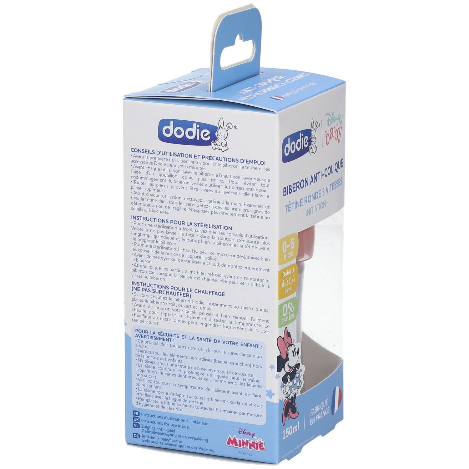 dodie® Biberon Initiation+ 150 ml anti-colique tétine ronde 3 vitesses Minnie Mickey Rose 0-6 mois