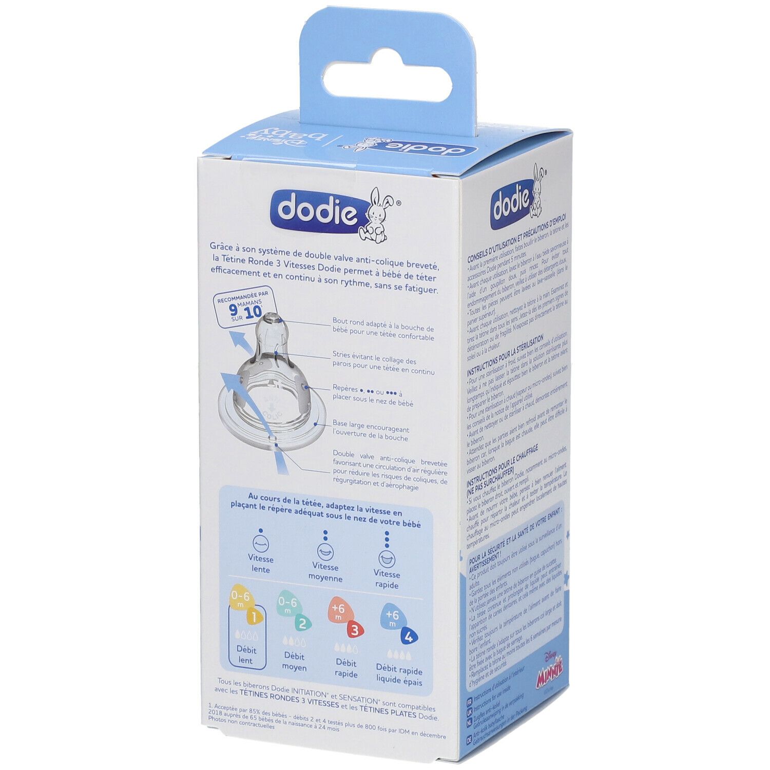 dodie® Biberon Initiation+ 150 ml anti-colique tétine ronde 3 vitesses Minnie Mickey Rose 0-6 mois