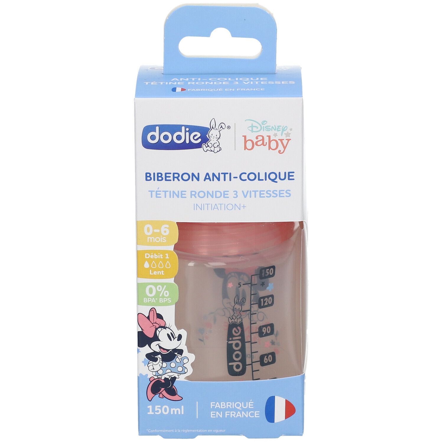 dodie® Biberon Initiation+ 150 ml anti-colique tétine ronde 3 vitesses Minnie Mickey Rose 0-6 mois