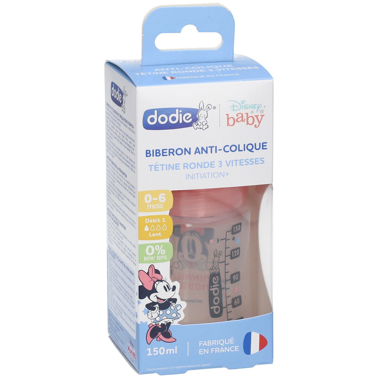 dodie® Biberon Initiation+ 150 ml anti-colique tétine ronde 3 vitesses Minnie Mickey Rose 0-6 mois