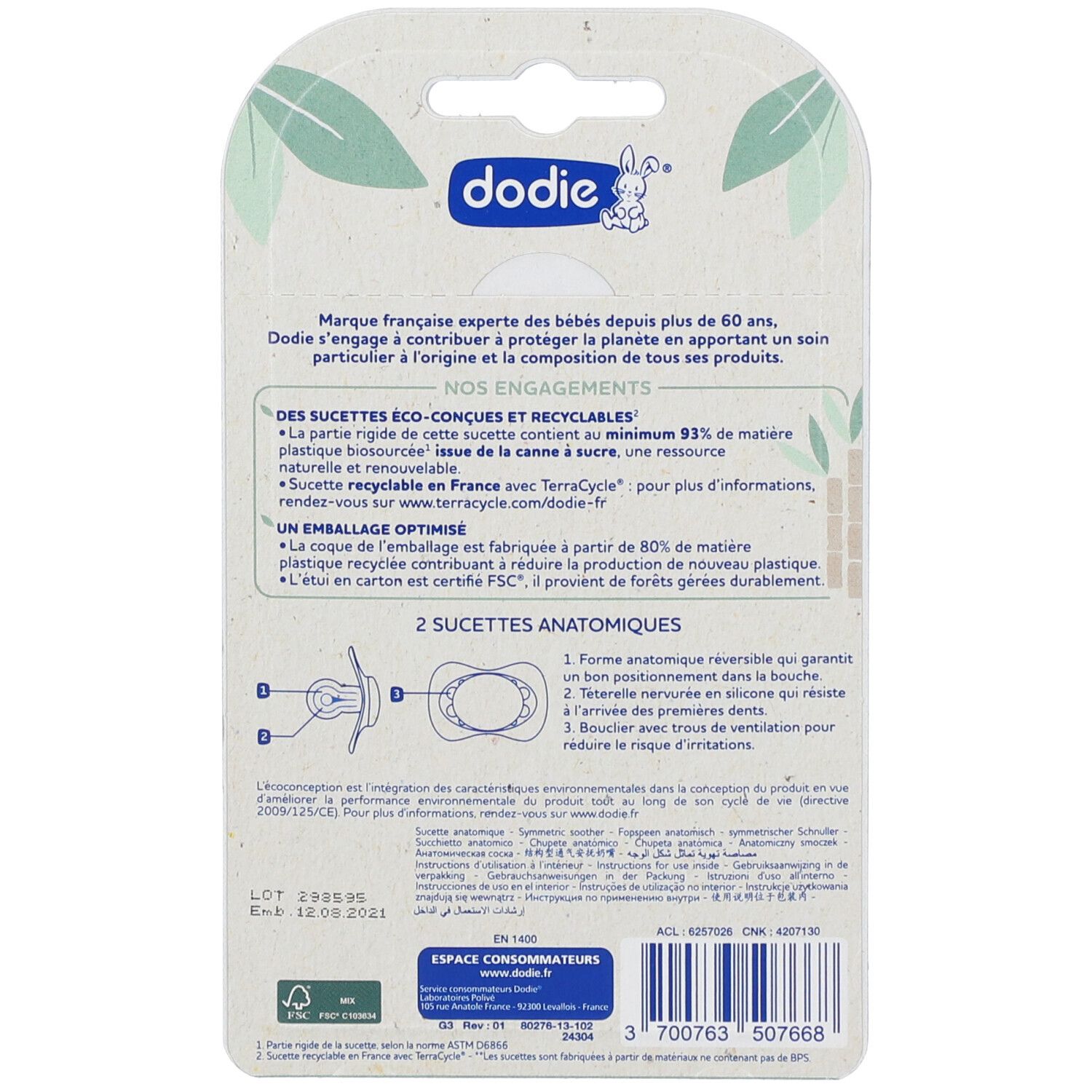 Emballage de deux sucettes anatomiques Dodie. Logo lapin. Texte en français. Certification FSC.