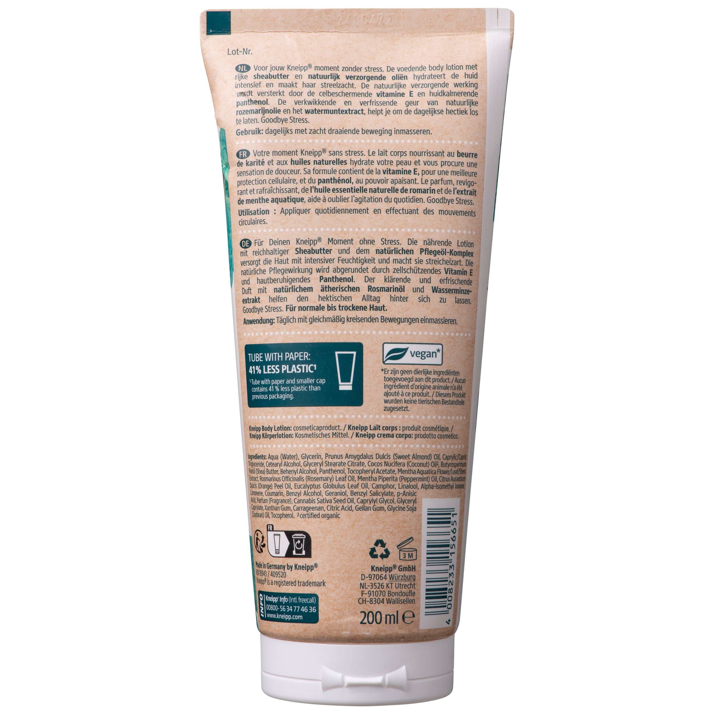 Dos du tube de lotion pour le corps Kneipp®. Texte en allemand et français, ingrédients et informations. Label vegan.