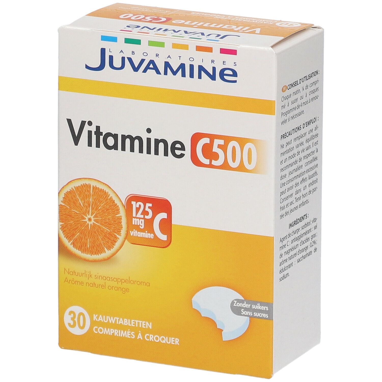 Boîte JUVAMINE Vitamine C500. Orange illustrée. 30 comprimés à croquer. 125mg vitamine C. Sans sucres.
