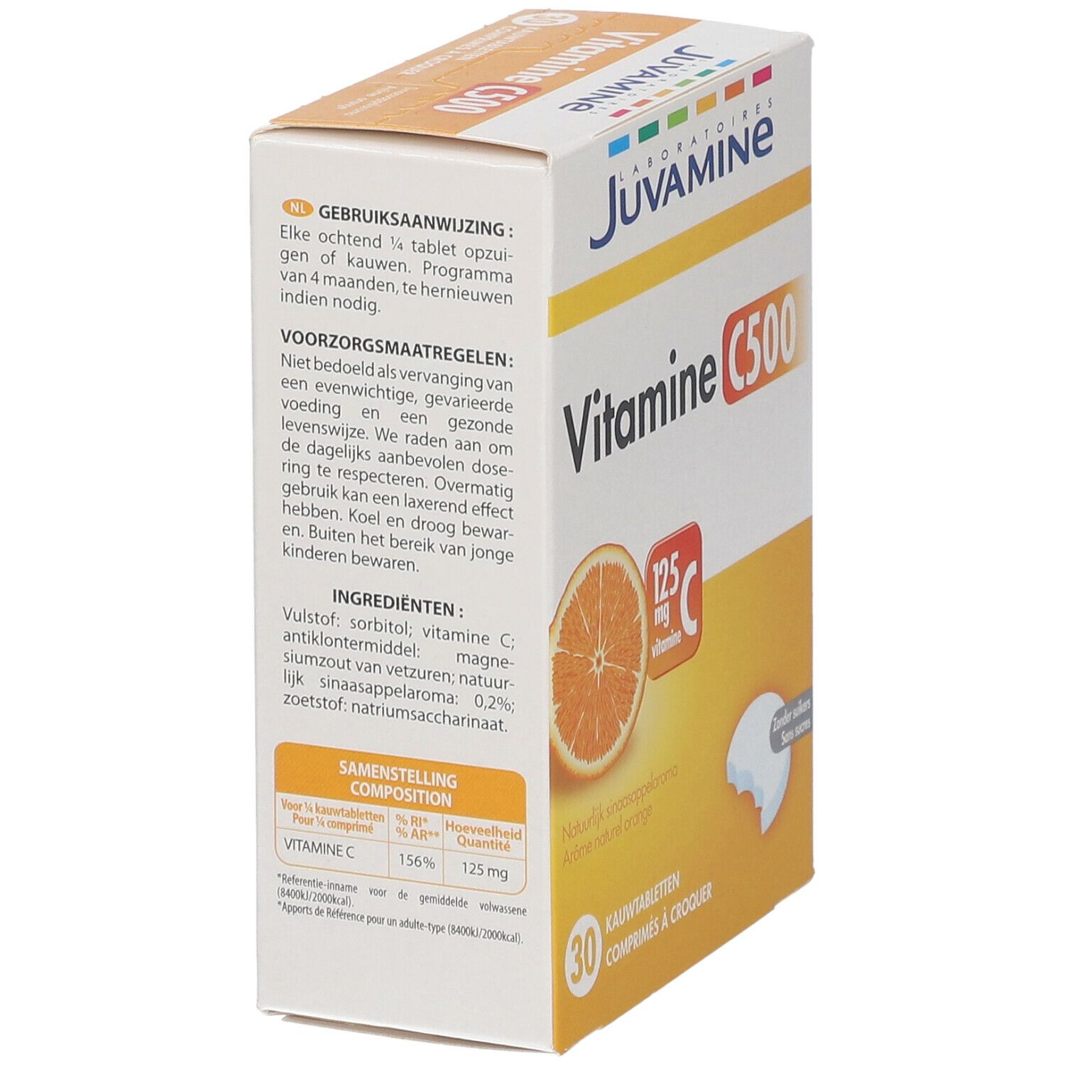 Boîte JUVAMINE Vitamine C500. Orange et comprimé illustrés. 30 comprimés à croquer. 125mg vitamine C.