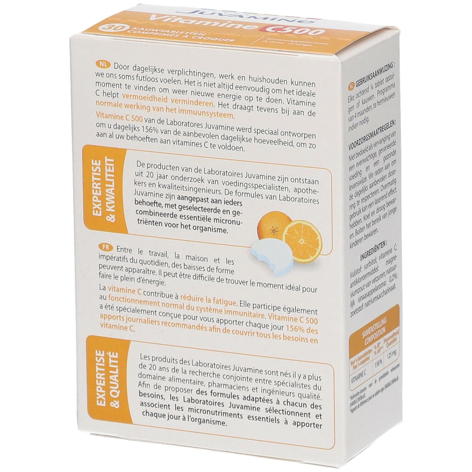 Dos de la boîte JUVAMINE Vitamine C500. Texte en allemand et français. Orange et comprimé illustrés.
