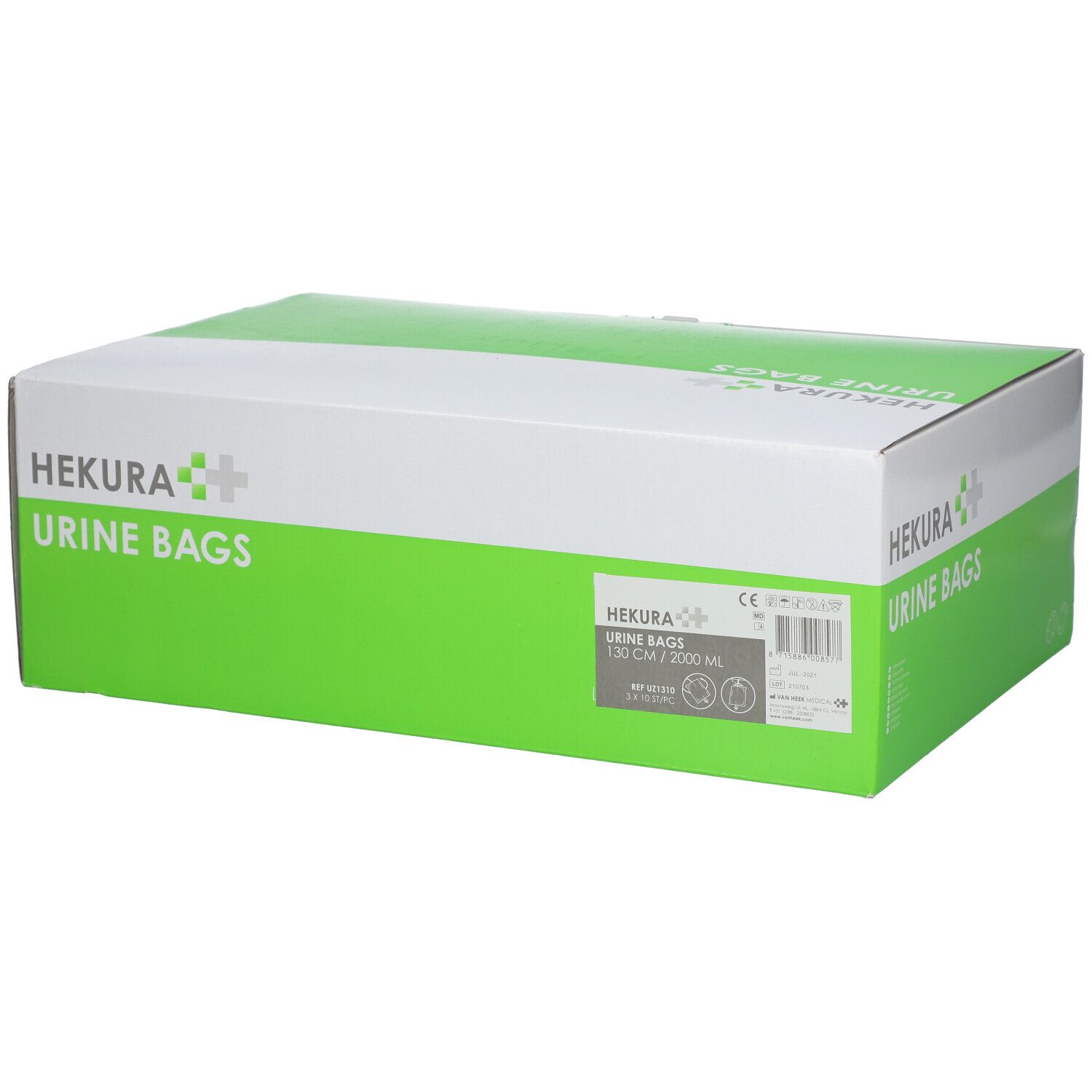 Boîte de sacs urinaires HEKURA. Emballage blanc et vert avec nom, logo et informations produit. Vue en angle.
