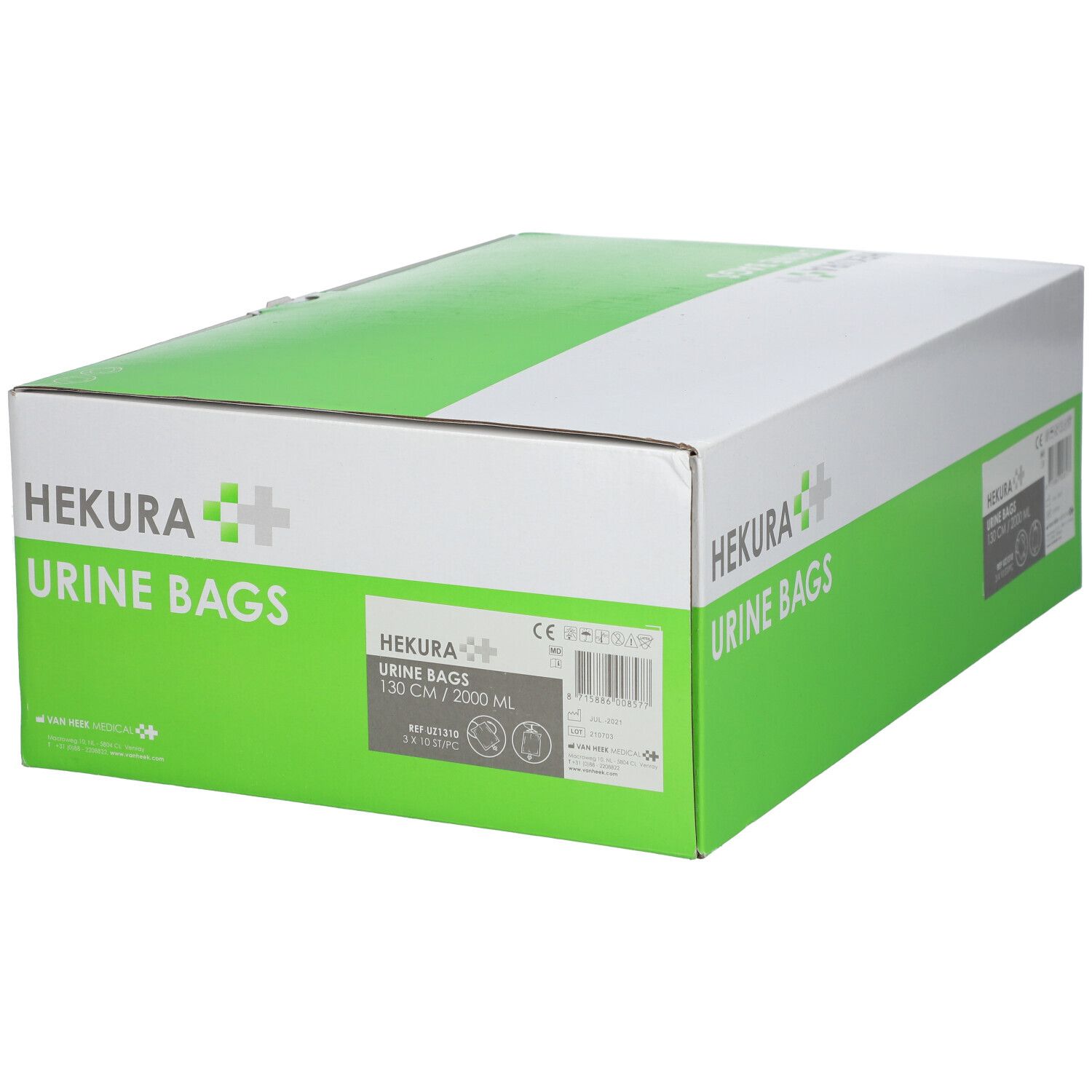 Boîte de sacs urinaires HEKURA. Emballage blanc et vert avec nom, logo et informations produit. Vue en angle.