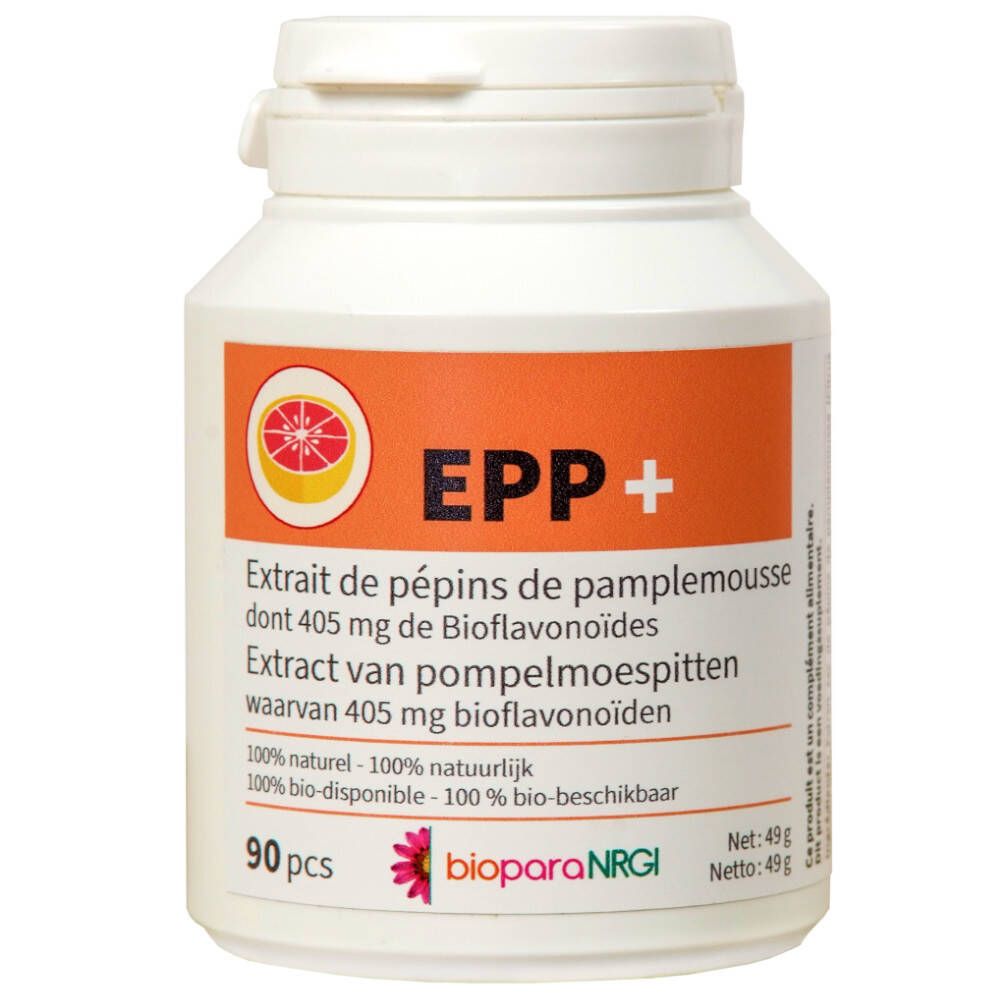 Flacon blanc avec étiquette orange. Inscription: EPP+, extrait de pépins de pamplemousse, 90 pièces, bioparaNRGi.