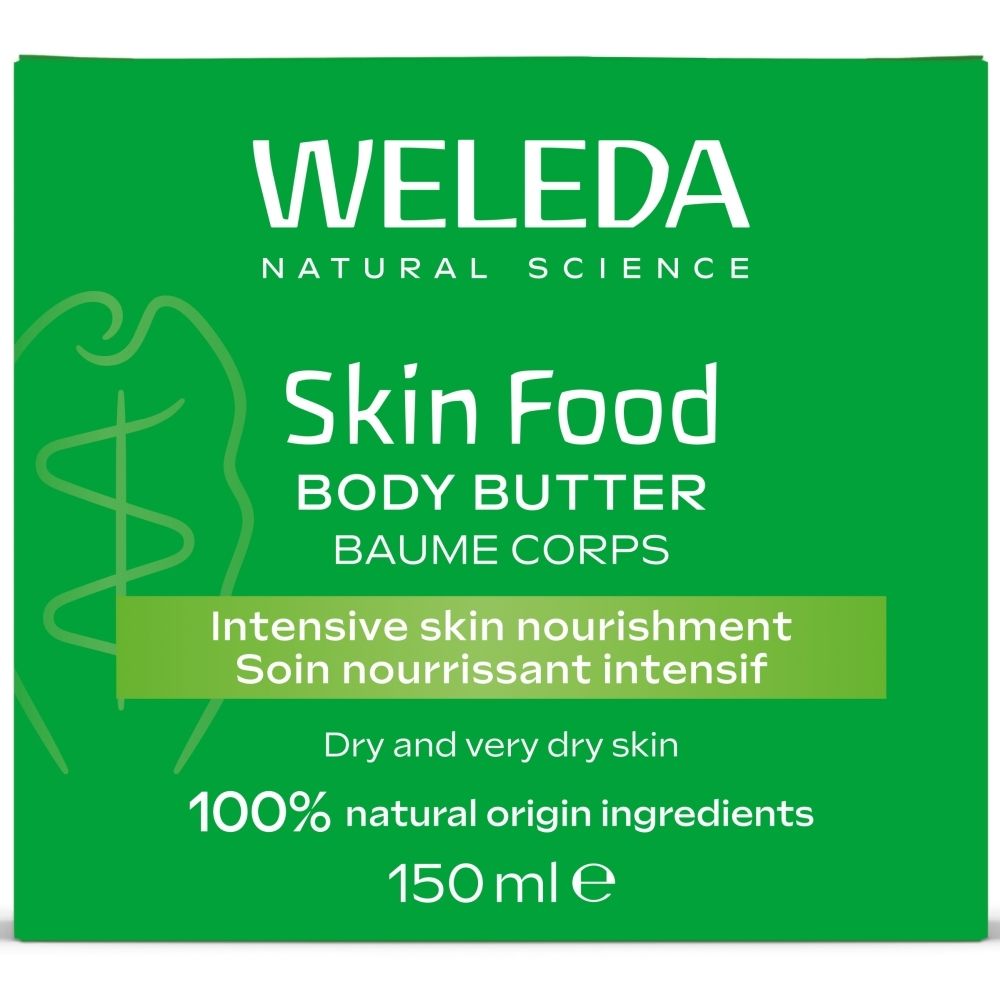 Weleda Skin Food Body Butter dans un emballage cartonné vert.