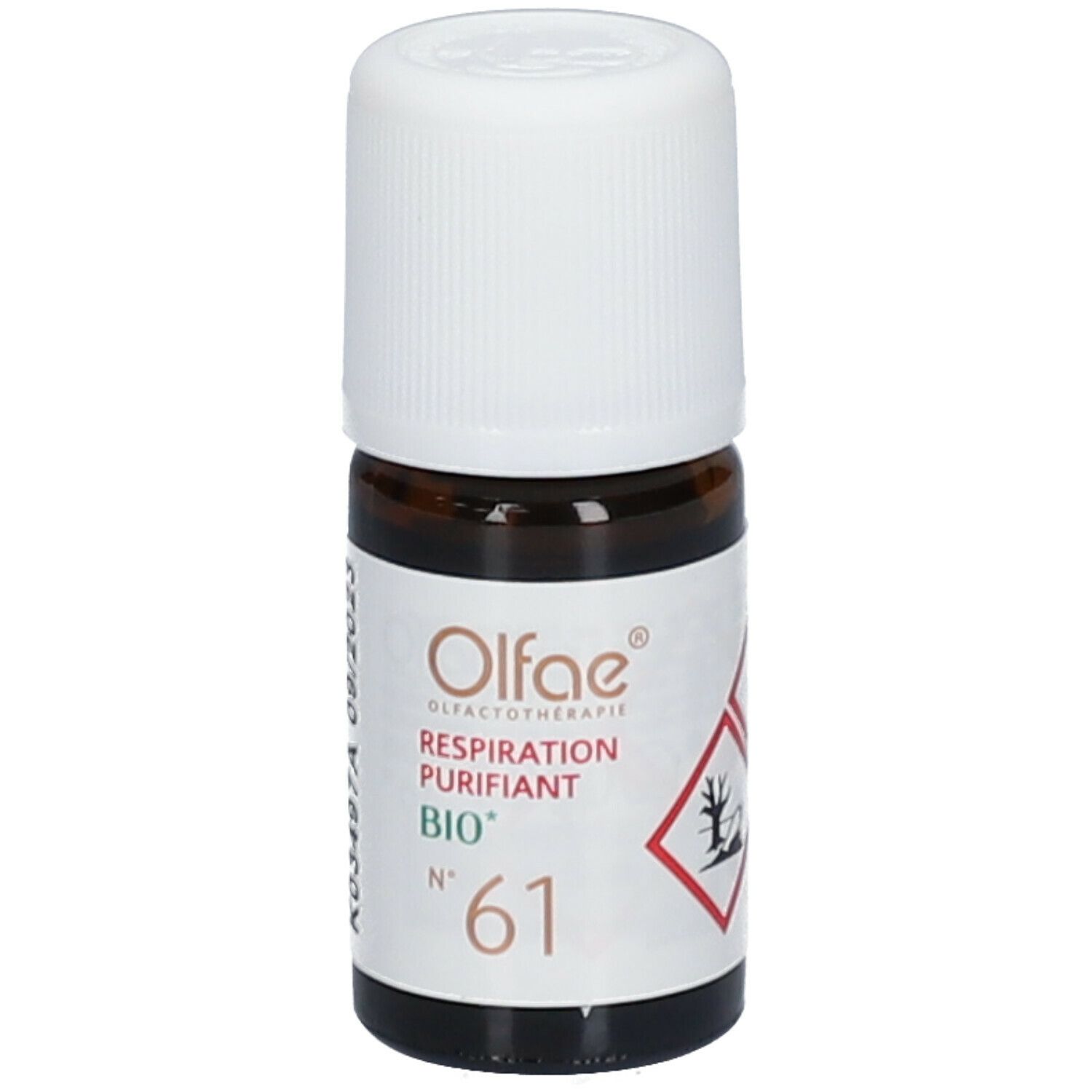 Flacon en verre brun avec bouchon blanc. Étiquette avec Olfae, Respiration Purifiant BIO, Nr. 61 et symboles de danger.