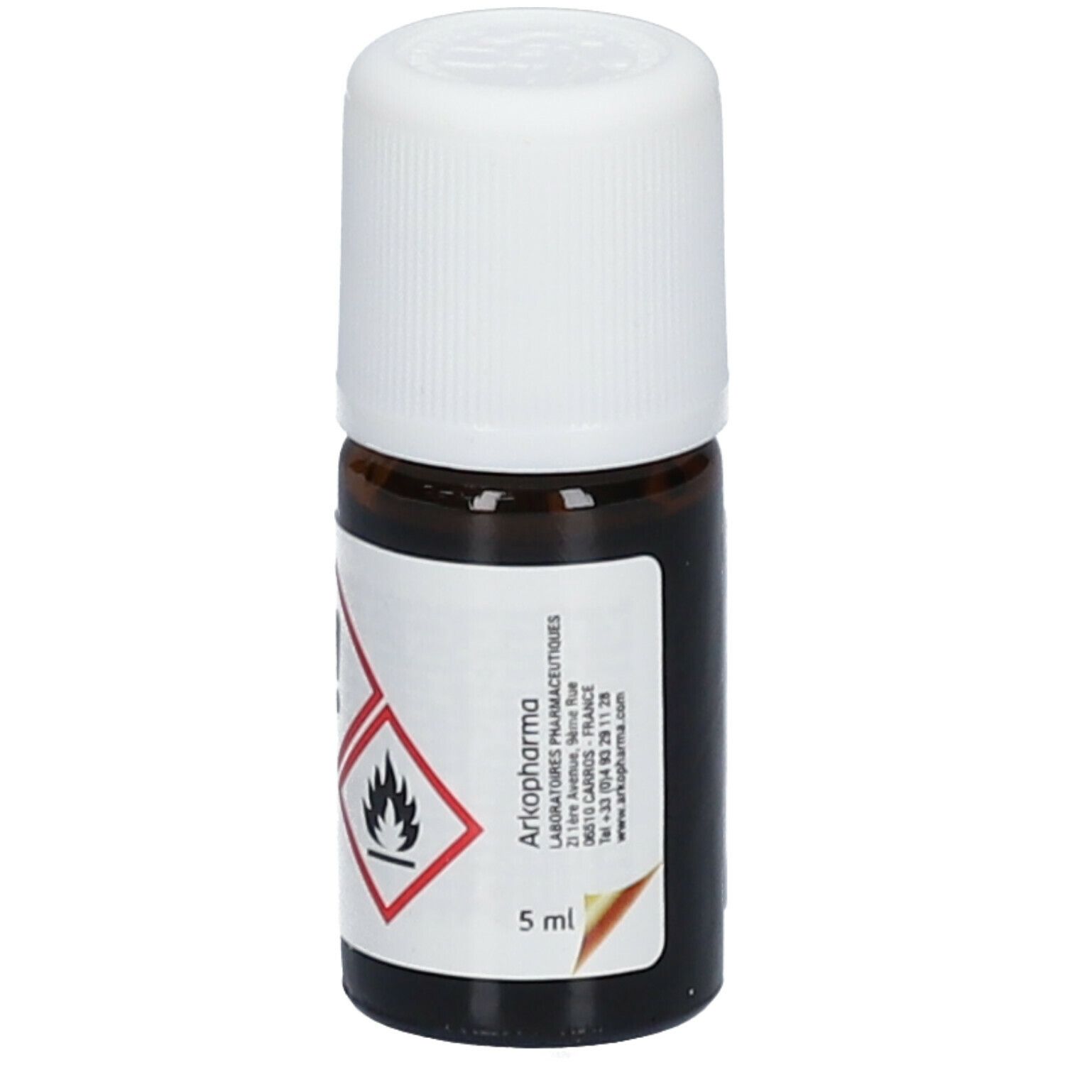 Flacon en verre brun avec bouchon blanc. Étiquette avec Arkopharma et indication 5 ml, ainsi que symboles de danger.
