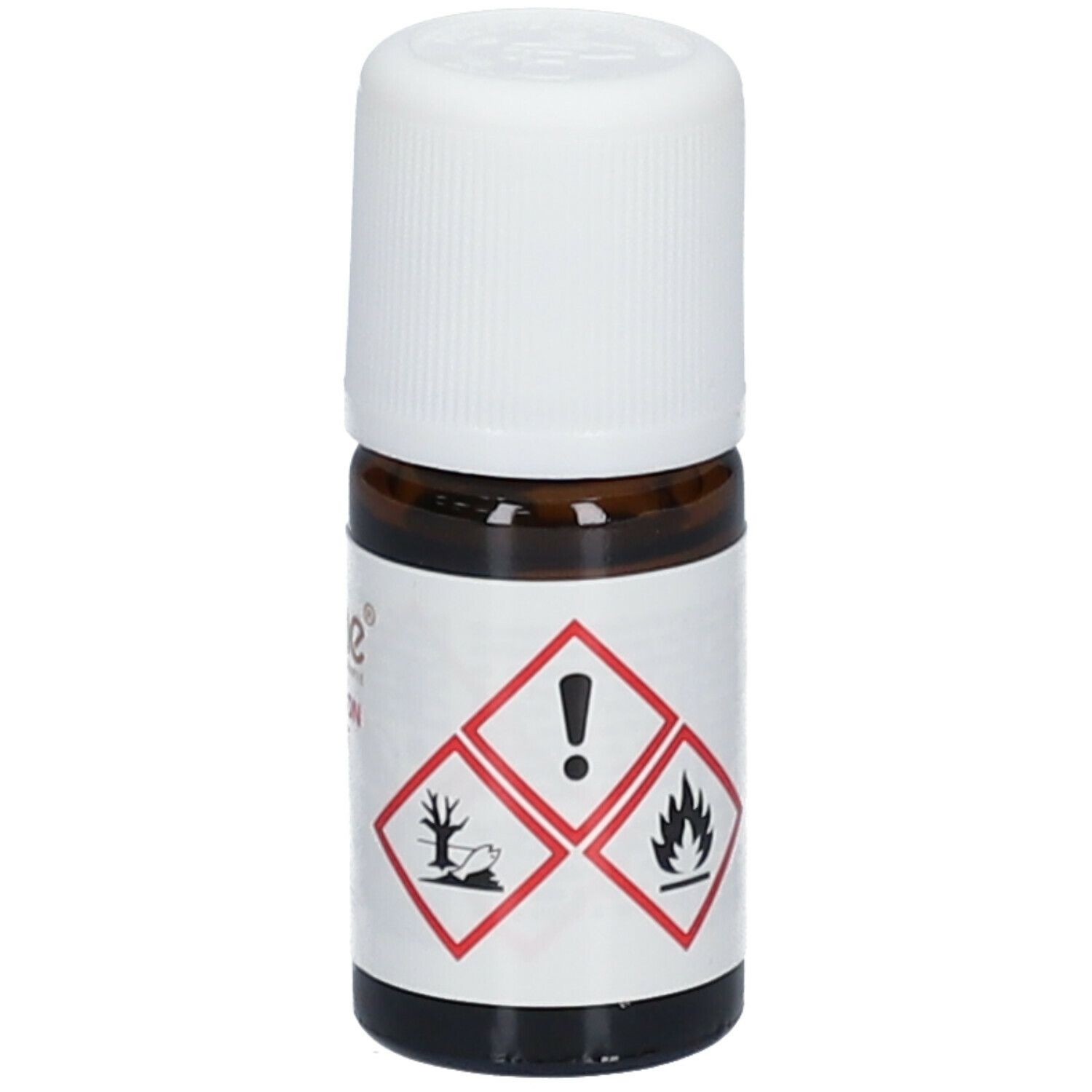 Flacon en verre brun avec bouchon blanc. Étiquette avec symboles de danger: point d'exclamation, flamme, arbre/arbre mort.