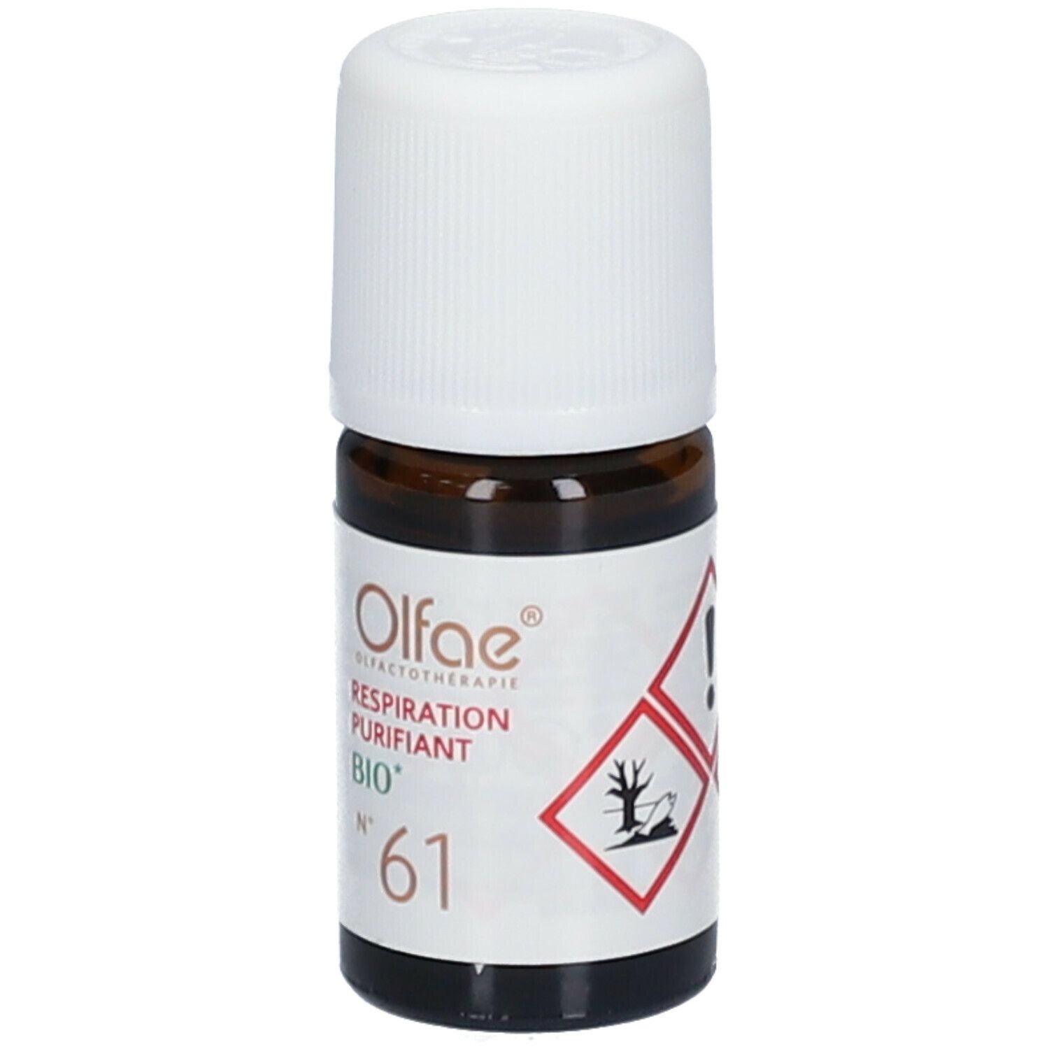 Flacon en verre brun avec bouchon blanc. Étiquette avec Olfae, Respiration Purifiant BIO, Nr. 61 et symbole de danger.