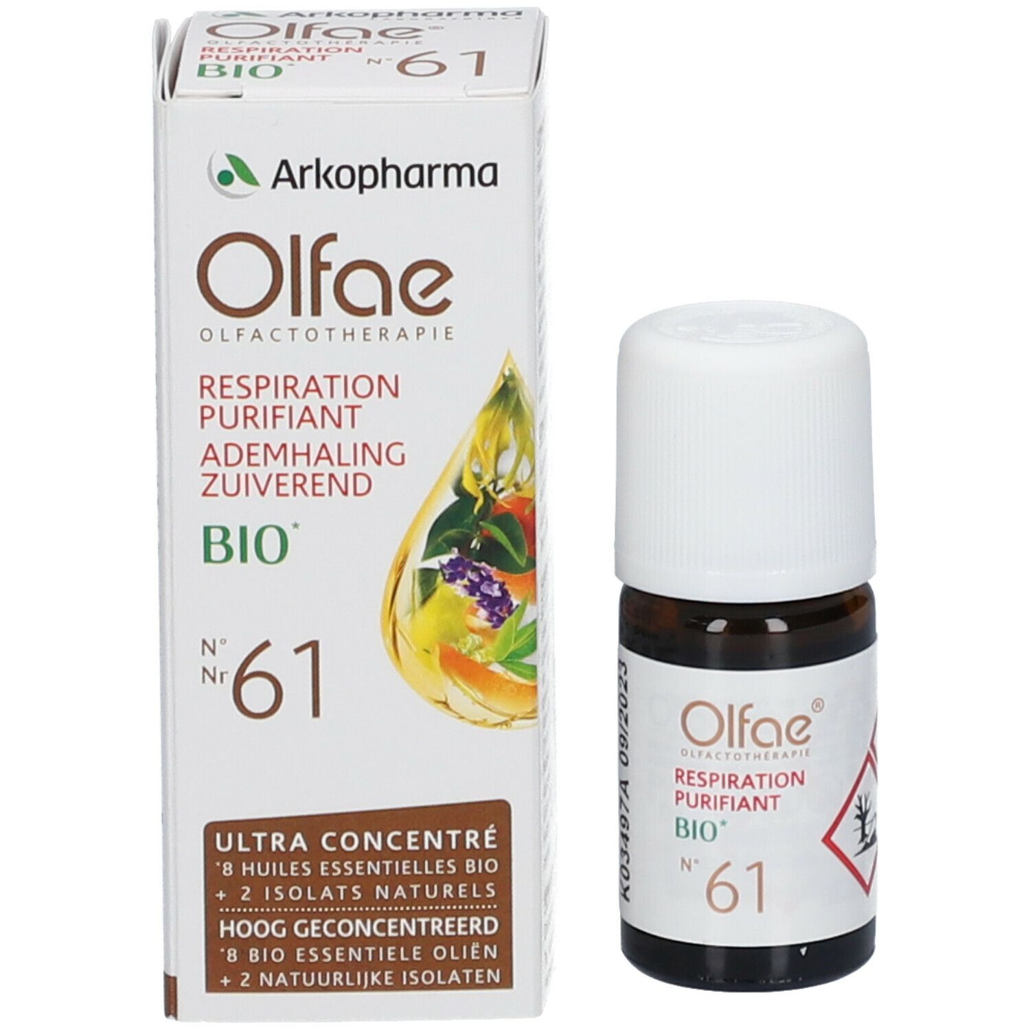 Emballage et flacon. Emballage avec Olfae, Arkopharma, Respiration Purifiant BIO, Nr. 61. Flacon à côté.