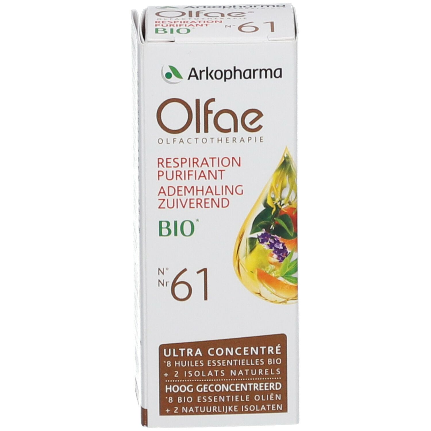 Emballage du produit. Emballage avec Olfae, Arkopharma, Respiration Purifiant BIO, Nr. 61. Texte et illustration.