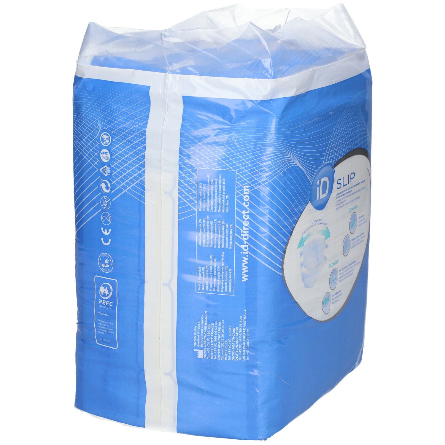 Dos de l'emballage iD Slip Comfort & Security Plus Medium. Pictogrammes et texte.