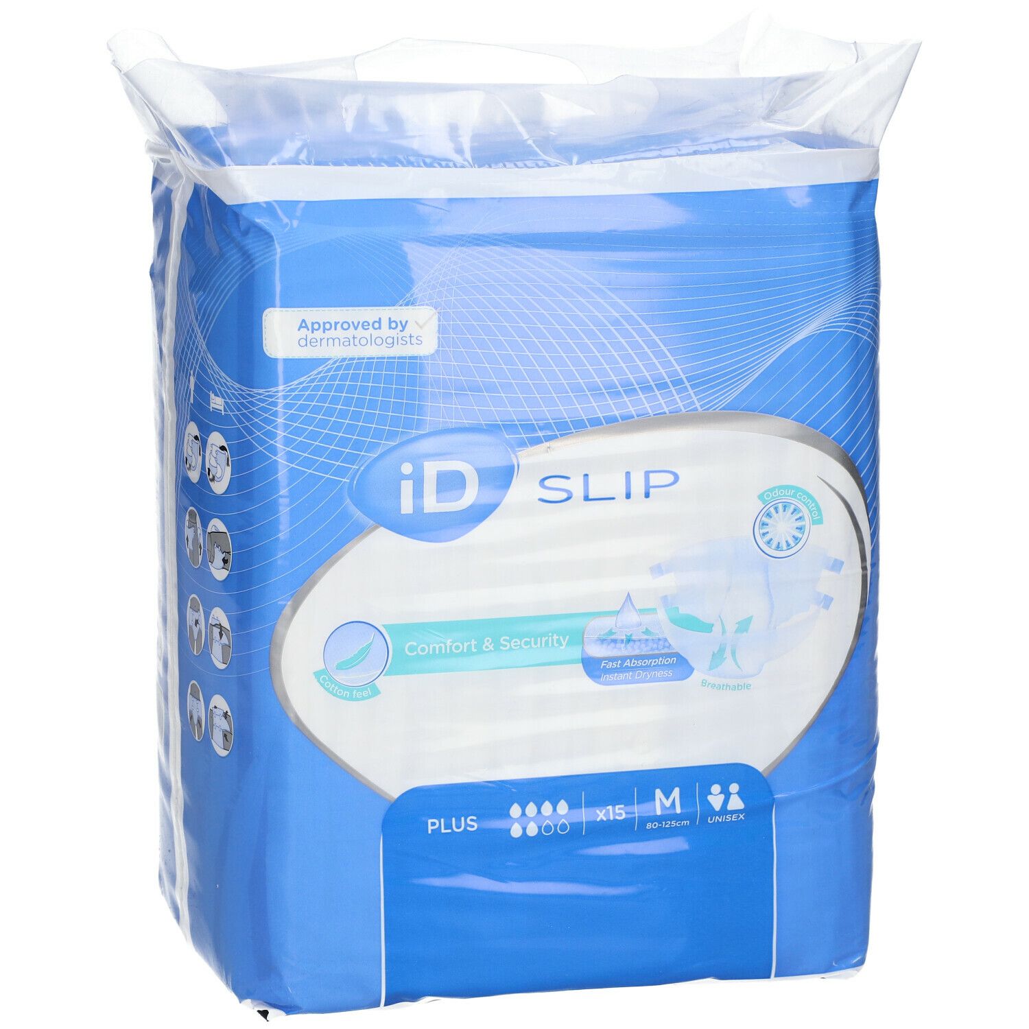 Emballage iD Slip Comfort & Security Plus Medium. Logo, nom du produit et certification.