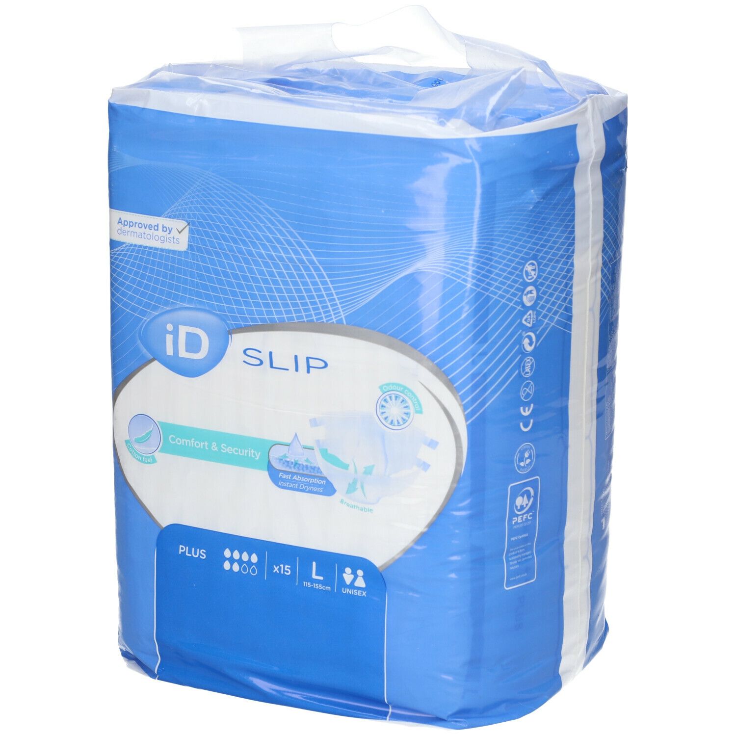 Paquet de iD Slip Comfort & Security Plus Large. Bleu et blanc, emballage plastique transparent. Caractéristiques et tailles.