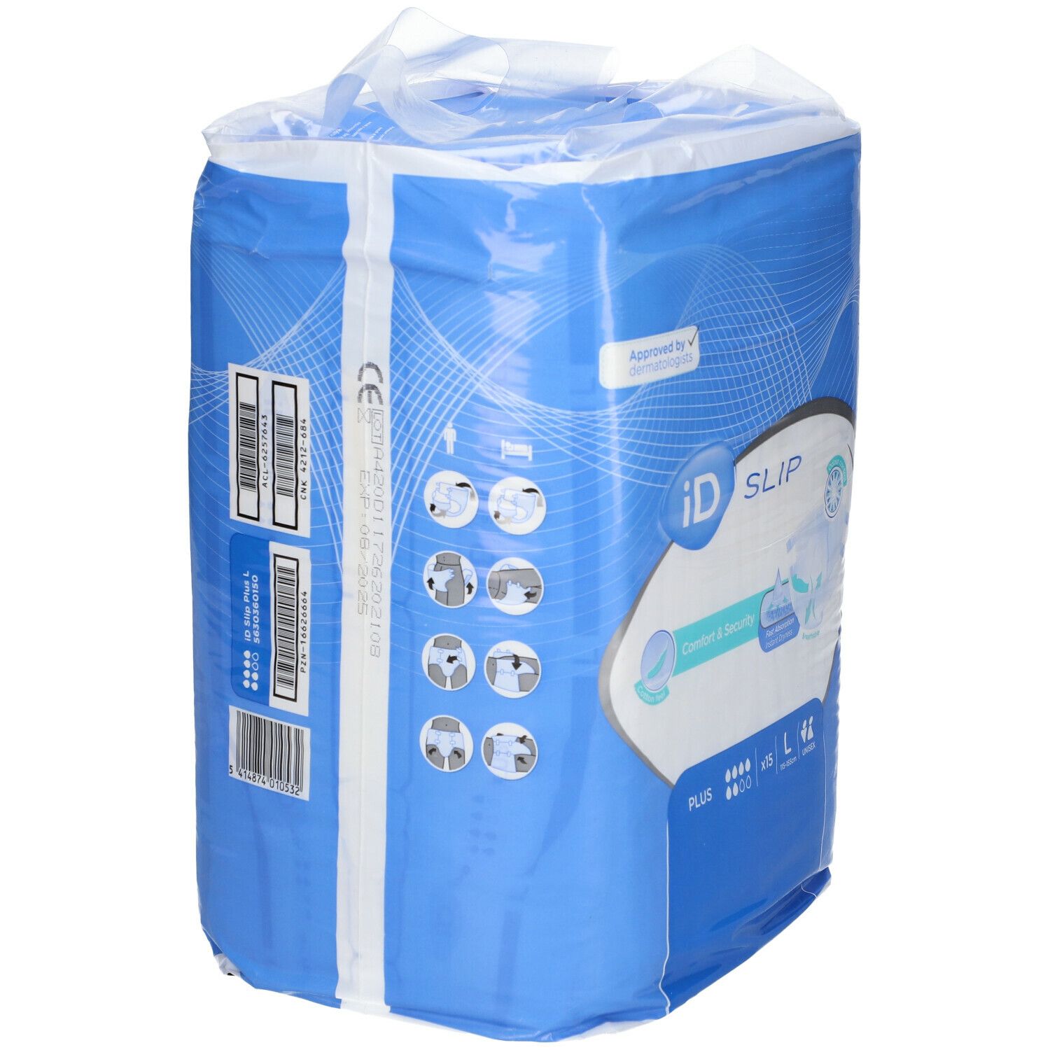 Paquet de iD Slip Comfort & Security Plus Large. Vue arrière avec codes-barres et informations. Bleu et blanc.
