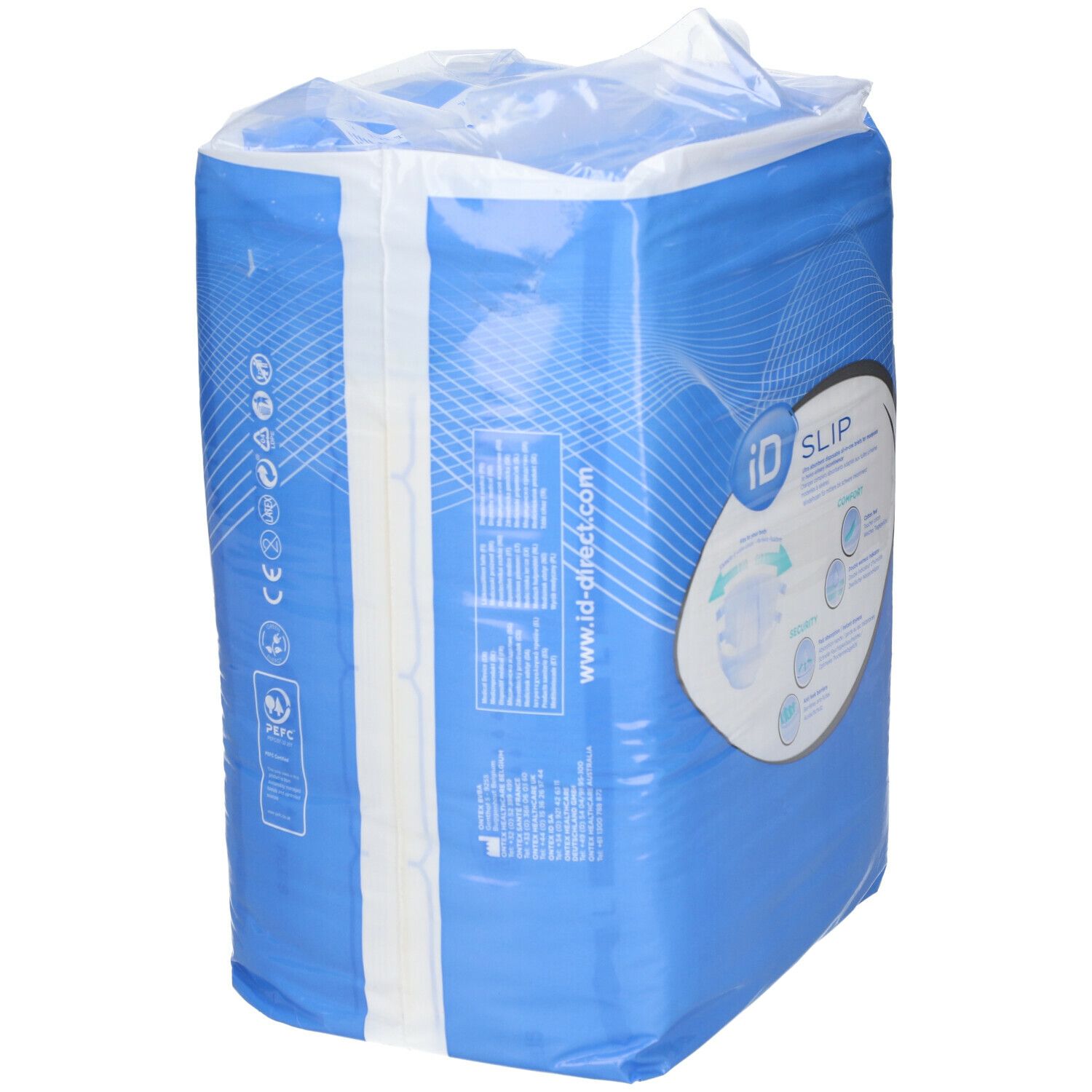 Paquet de iD Slip Comfort & Security Plus Large. Côté avec informations et logo. Bleu et blanc.