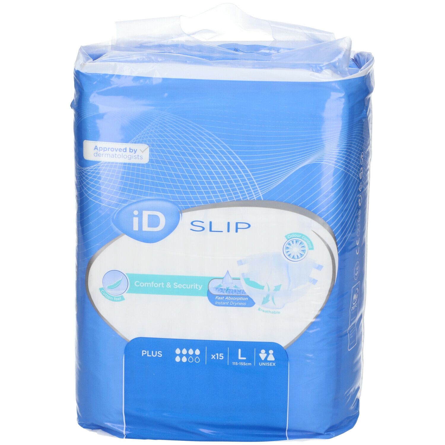 Paquet de iD Slip Comfort & Security Plus Large. Vue de face avec caractéristiques. Bleu et blanc.
