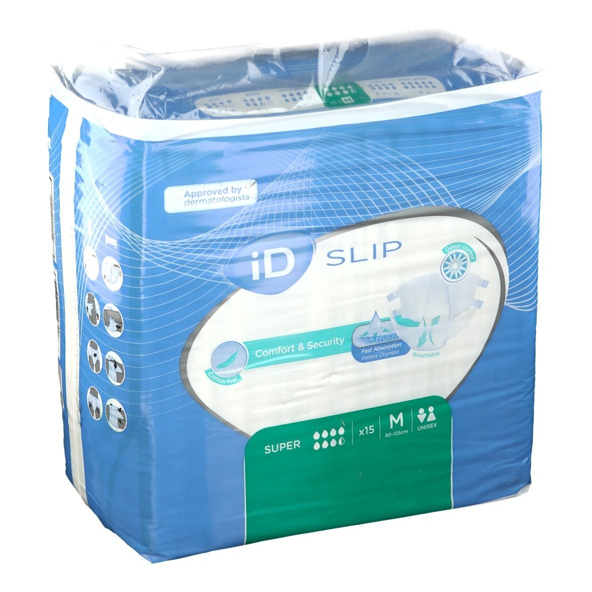 Emballage de iD Slip Comfort & Security Super Medium. Emballage bleu avec logo et informations produit. Contient 15 pièces, taille M, unisexe.