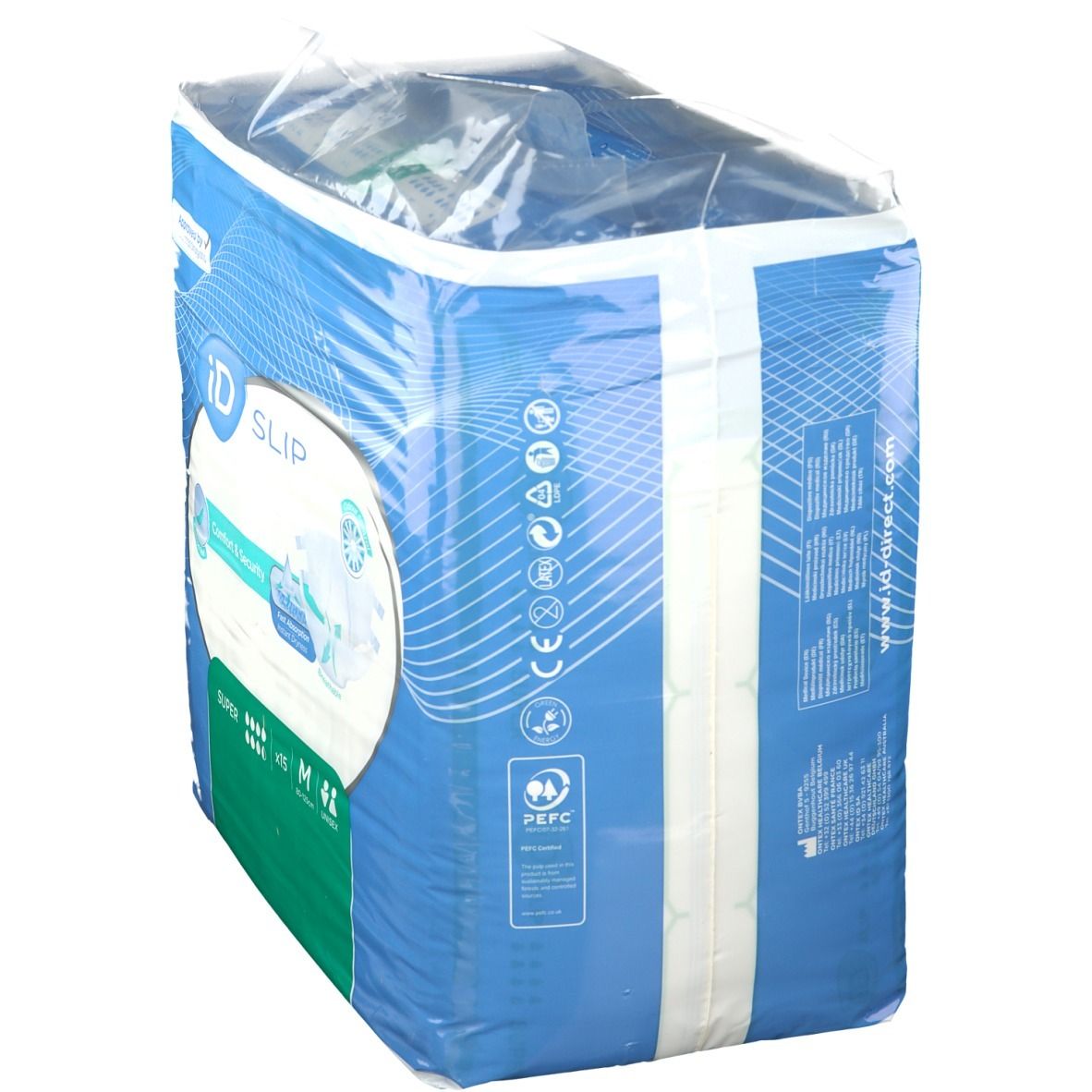 Emballage de iD Slip Comfort & Security Super Medium. Emballage bleu, vue latérale. Contient des informations et la certification PEFC.