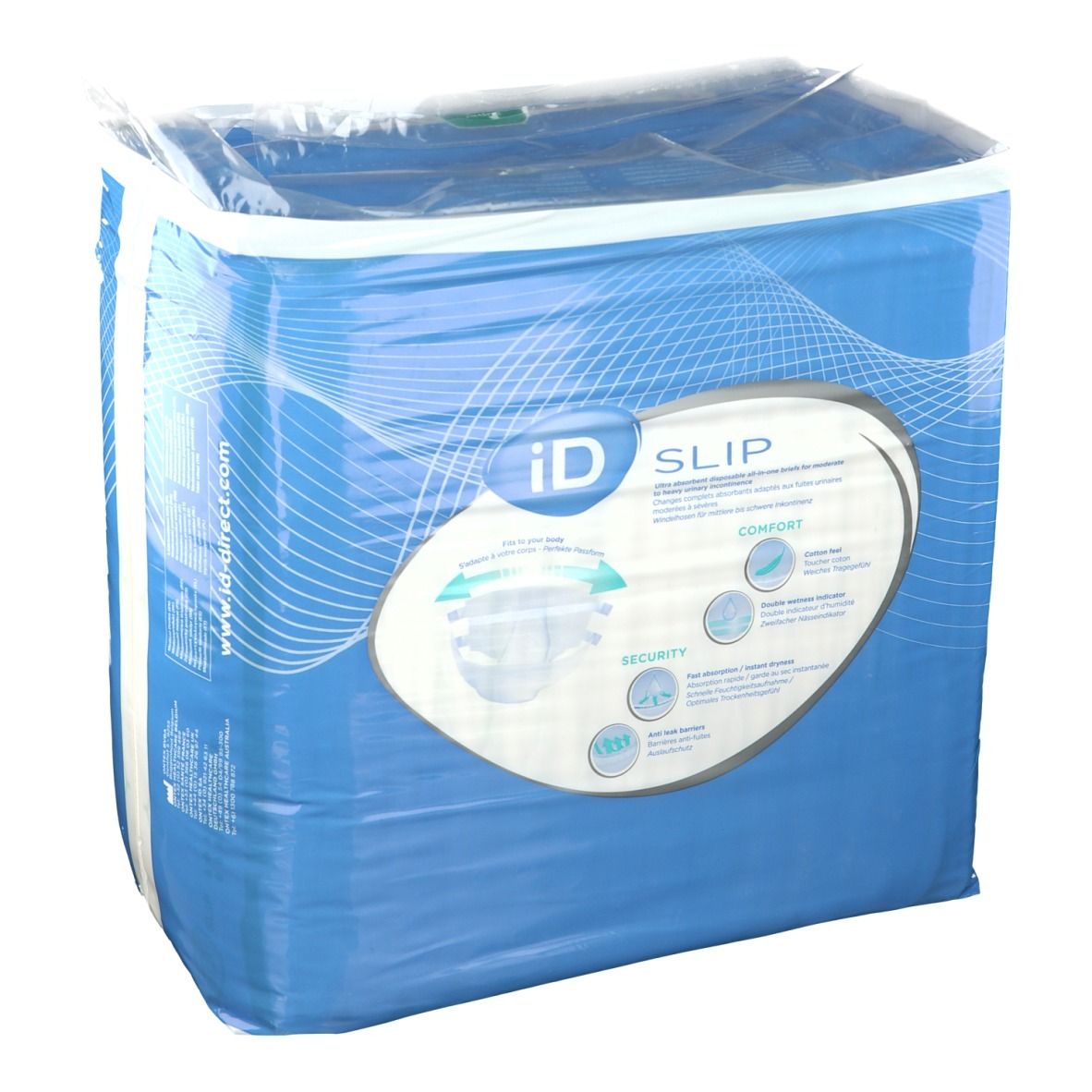 Emballage de iD Slip Comfort & Security. Emballage bleu avec logo et informations produit. Contient des informations sur le confort et la sécurité.