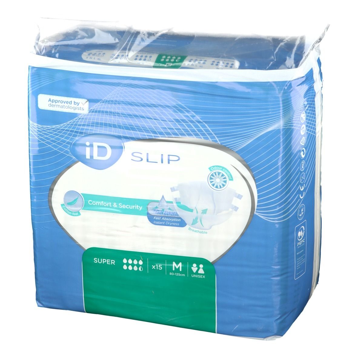 Emballage de iD Slip Comfort & Security Super Medium. Emballage bleu avec logo et informations produit. Contient 15 pièces, taille M, unisexe.