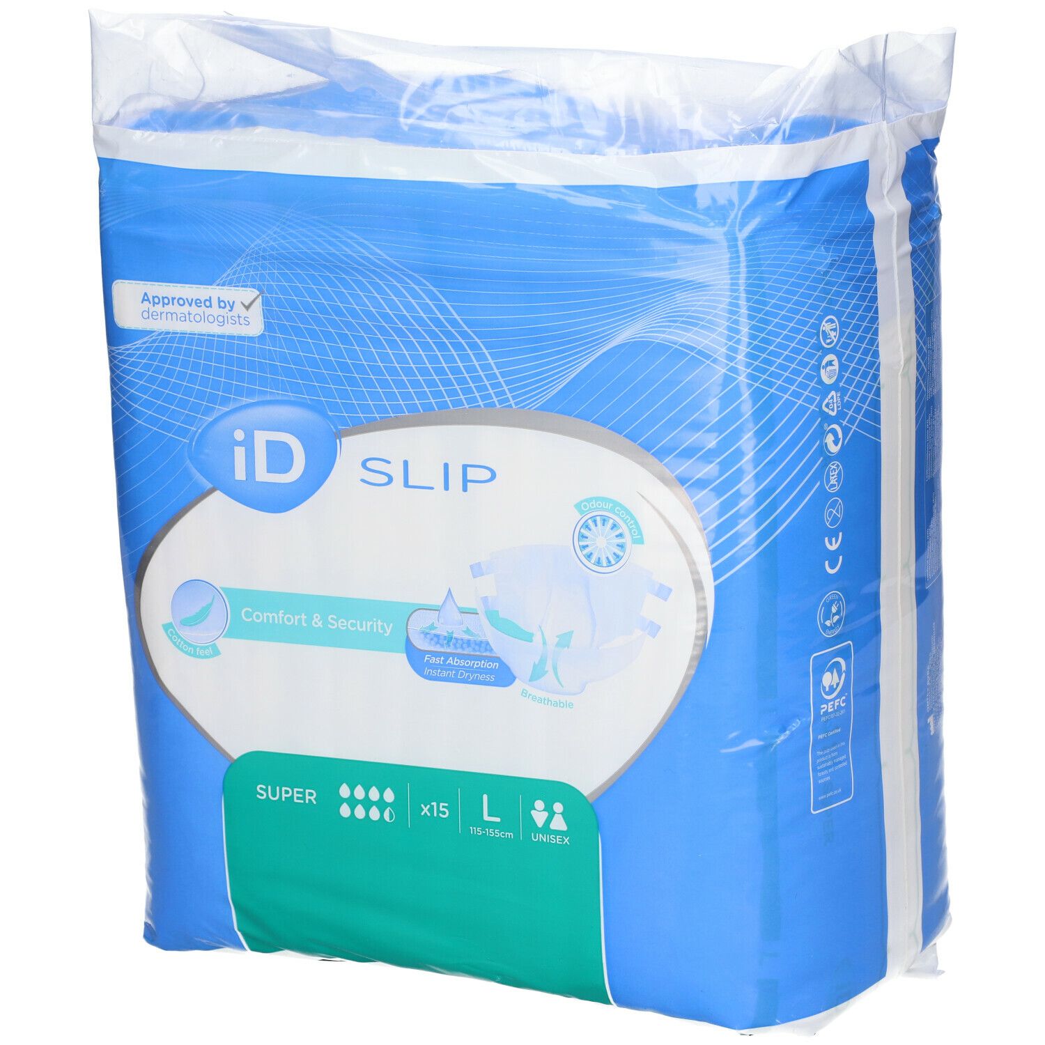 Emballage iD Slip. Bleu, avec image du produit et texte. 'Comfort & Security', 'Super', taille L, 15 pièces. Testé dermatologiquement.