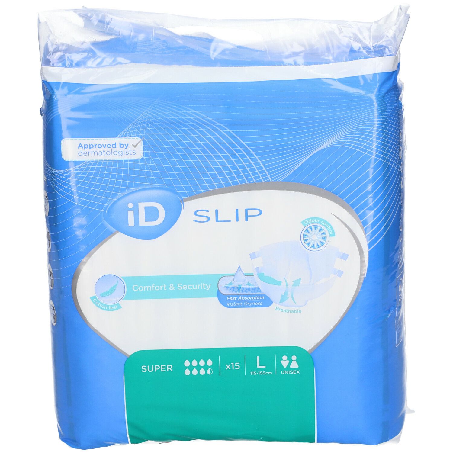 Emballage iD Slip. Bleu, avec image du produit et texte. 'Comfort & Security', 'Super', taille L, 15 pièces. Testé dermatologiquement.