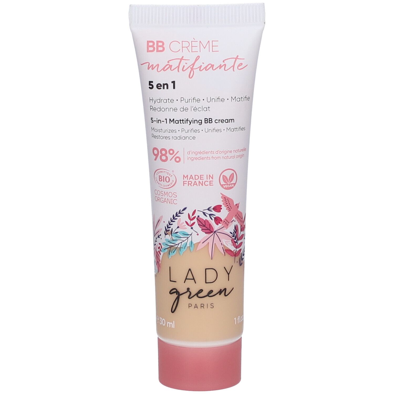 Tube de crème BB Lady Green 5 en 1, clair. Inscription : 98% Bio, Cosmos Organic, Made in France. Contenance : 30 ml.
