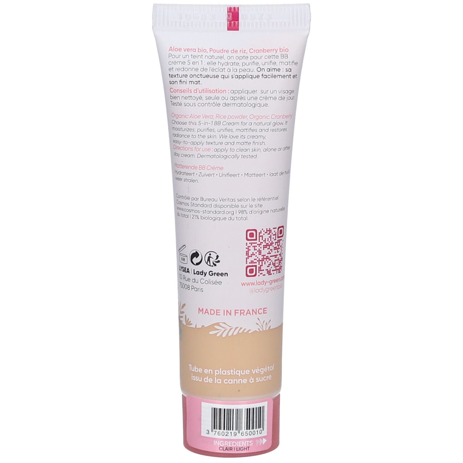 Dos du tube de crème BB Lady Green. Texte : 5 en 1, testé dermatologiquement, Made in France. Code QR et code-barres.