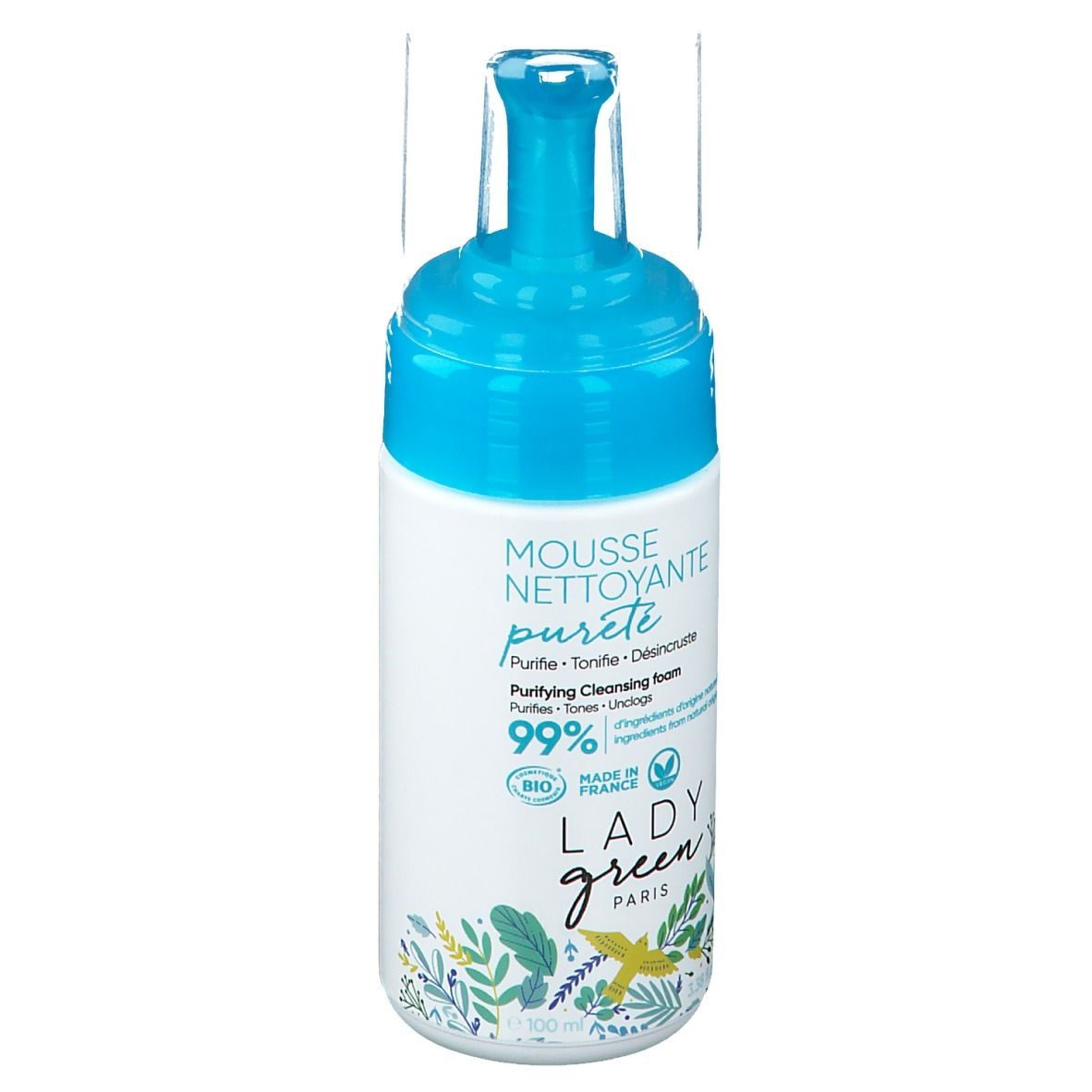Flacon de mousse nettoyante avec pompe bleue. Inscription : MOUSSE NETTOYANTE pureté, LADY green PARIS, 99% ingrédients d'origine naturelle.
