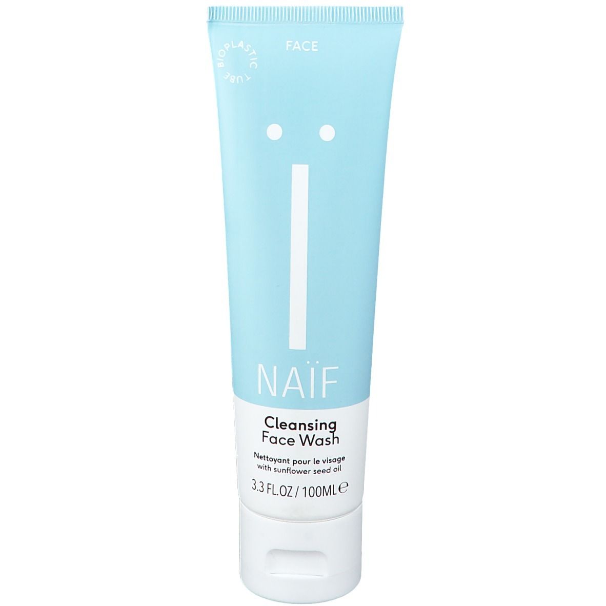 Tube bleu clair avec bouchon blanc. Inscription : NAÏF, Cleansing Face Wash. Contient de l'huile de tournesol. Sans plastique.