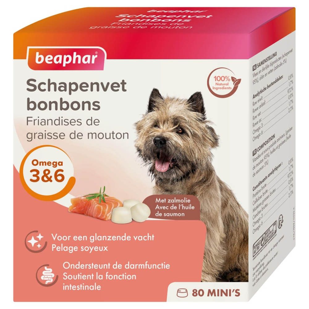Boîte Beaphar Schapenvet bonbons. Contient 80 Mini's. Image de chien, saumon et comprimés. Avec Omega 3&6.