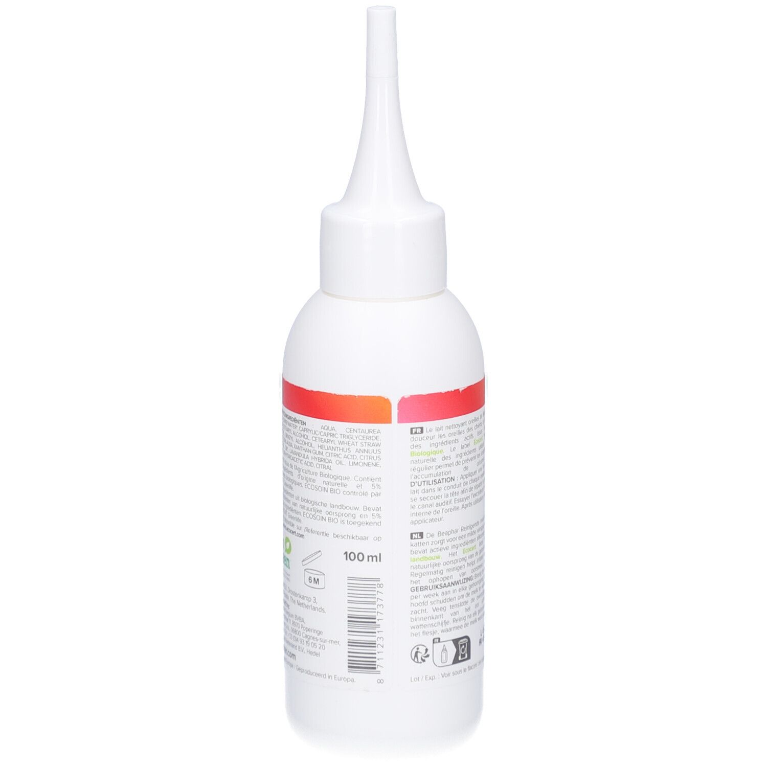 Flacon blanc avec applicateur pointu. Dos avec texte et indication 100 ml. Marque : Beaphar.
