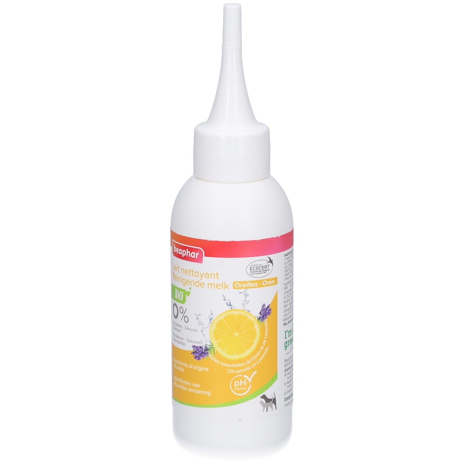 Flacon blanc avec applicateur pointu. Étiquette avec nom du produit, illustration de citron et lavande. Marque : Beaphar.
