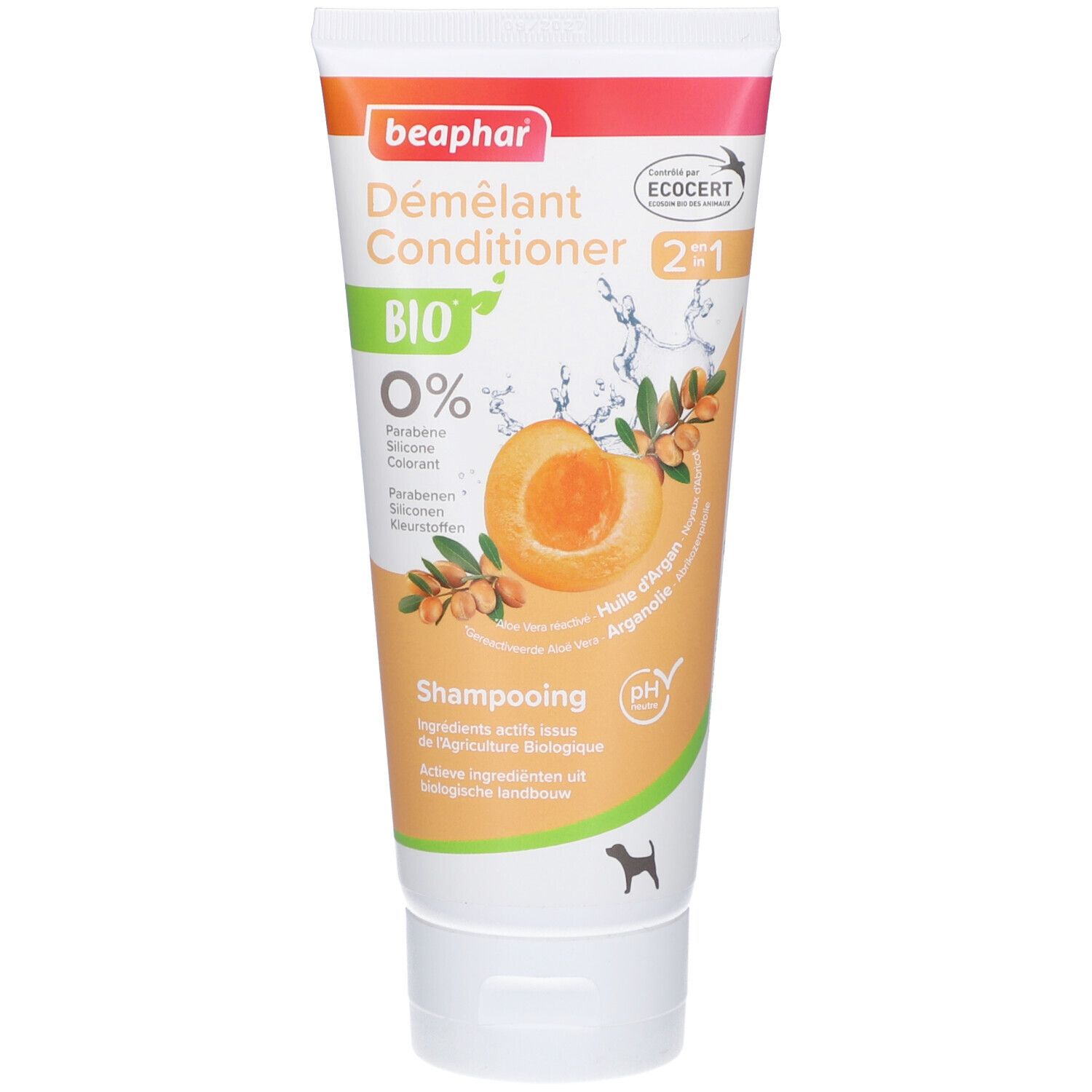 Tube blanc et orange avec impression. Logo Beaphar, nom du produit, certification Bio et illustration d'abricot.