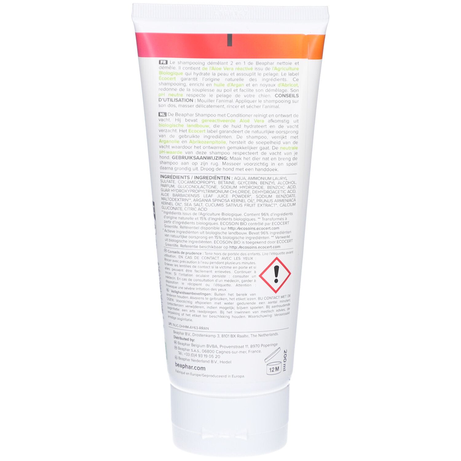 Dos du tube. Texte multilingue, ingrédients, avertissement et informations fabricant.