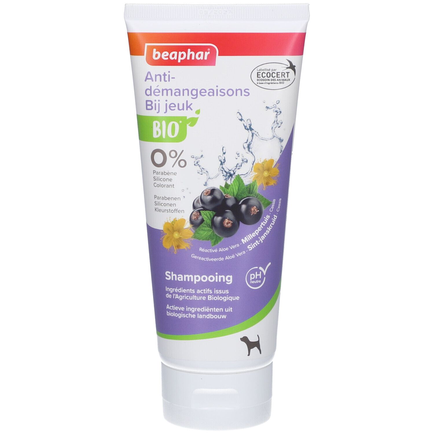 Tube de shampooing Beaphar Bio. Illustration de fruits et fleurs. Texte et logo. Certification ECOCERT. pH neutre.